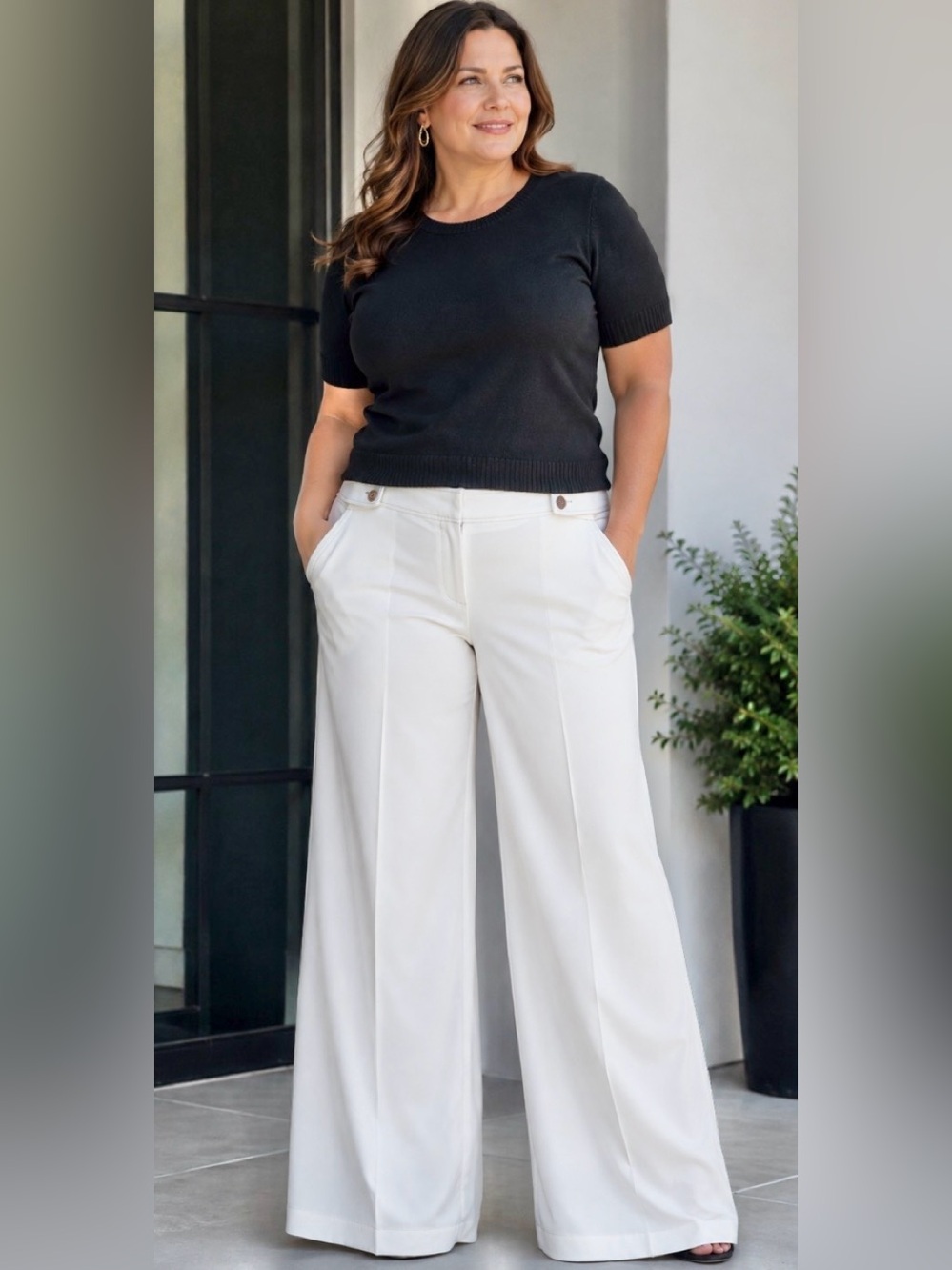 NWT Gibson Latimer Off White Palazzo Wide Leg Pockets Black Stitch Pants Size 16